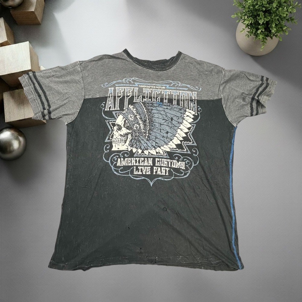 Affliction T Shirt Mens 2XL Black Grey American Customs Live Fast Skull Y2K